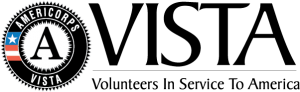 The image features the AmeriCorps VISTA logo, with the AmeriCorps seal on the left and the word "VISTA" in large text to the right. Below "VISTA," the tagline reads "Volunteers In Service To America.