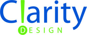 Logo displaying the word "Clarity" in blue with a bright green exclamation mark forming the second letter "l". Below "Clarity," the word "DESIGN" is written in uppercase green letters.