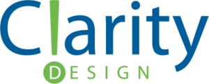 The logo for Clarity Design features the word "Clarity" in blue with a stylized green letter "i." Below "Clarity," the word "DESIGN" is written in smaller green letters.
