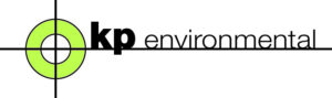 A logo featuring a green bullseye symbol on the left with the letters "kp" in bold black next to it, followed by the word "environmental" in lighter black, all on a white background. A black crosshair extends horizontally and vertically through the bullseye.
