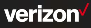 The image shows the Verizon logo, which consists of the word "verizon" in lowercase, bold white letters on a dark background. There is a red checkmark symbol slightly above and to the right of the letter "n.
