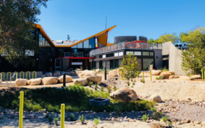 A modern building with a colorful angular roof and large windows is set against a clear blue sky. The foreground features a landscaped garden with large rocks, green plants, and a gravel pathway. There are also a few green posts and a bike rack visible.