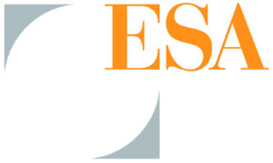 The image features the ESA logo with large, orange letters "ESA" at the top right corner. The logo includes two gray, curved shapes in the top left and bottom right corners, forming a semi-circular, abstract design on a white background.