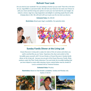 First section features a woman adjusting her hair with a text titled "Refresh Your Look." Estimated value is $1,200. Second section is titled "Sunday Family Dinner at the Living Lab," showing a colorful fish and states an estimated value of $1,400. Restrictions apply.