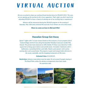 A poster for a "Virtual Auction" event. It features details about a Hawaiian group getaway prize, including a 13-acre property stay with various luxurious amenities. The event instructions and restrictions are listed, along with photos of a pool and beach view.