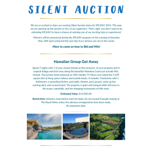 A promotional flyer for a silent auction. The top section has the title "SILENT AUCTION" in large blue text. It details the event, including date and participation information. The bottom section describes a Hawaiian Group Getaway prize, including details about the stay, location, and rules.