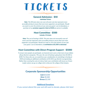 An informational flyer titled "Tickets" detailing options for purchasing tickets, host committee memberships, and corporate sponsorships for an event. Various ticket and sponsorship levels along with their corresponding prices and benefits are listed, with a call for donations at the bottom.