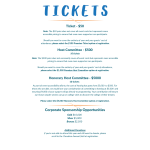 A flyer with ticket information for an event. Details include regular tickets ($50), Host Committee tickets ($500), and Honorary Host Committee tickets ($5,000), as well as corporate sponsorship opportunities (Gold: $10,000, Silver: $5,000, Bronze: $2,500). Additional donations are also mentioned.